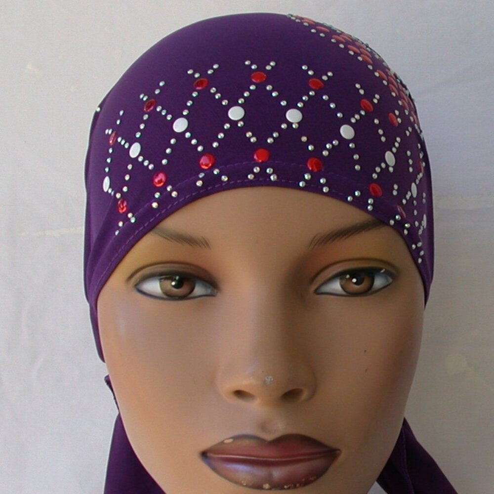 PURPLE Pre-Tied Stud Chemo Cap Slip On Bonnet Hijab Undercap #3